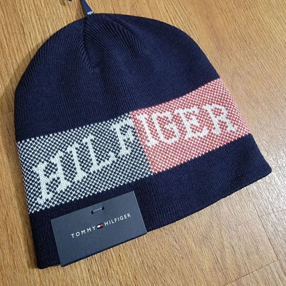 Tommy Hilfiger Navy Flag Beanie Hat Unisex Red White New Knit One Size Fleece